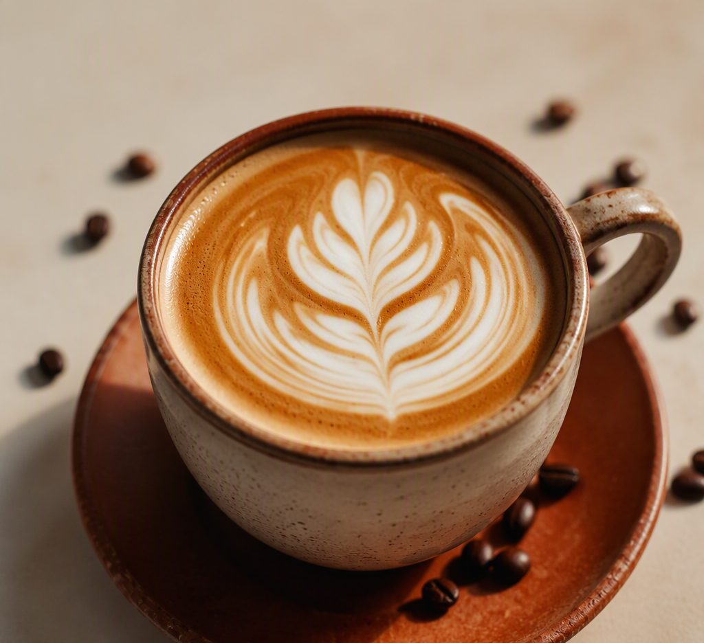 Latte art rosetta közelről, kerámia csészében