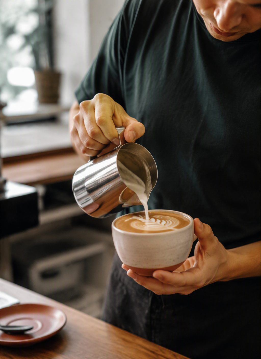Baristánk latte artot önt egy kerámia csészébe az Uni pultjánál